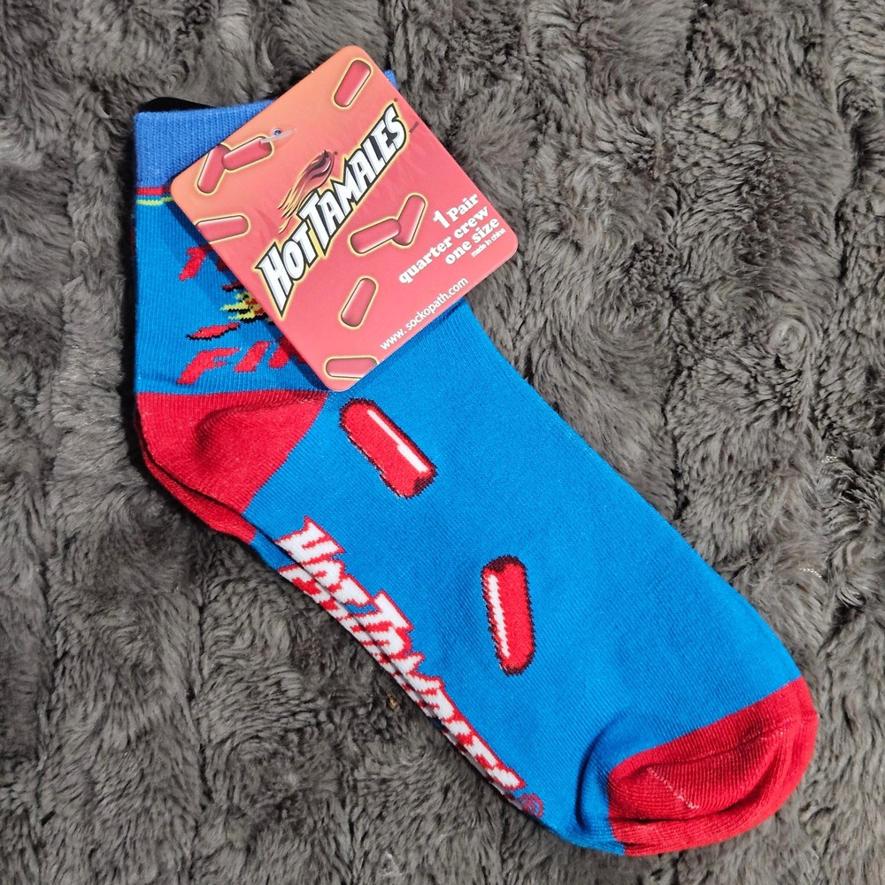 Hot Tamales Candy Novelty Quarter Crew Socks Blue Red That's Fire One Size NEW